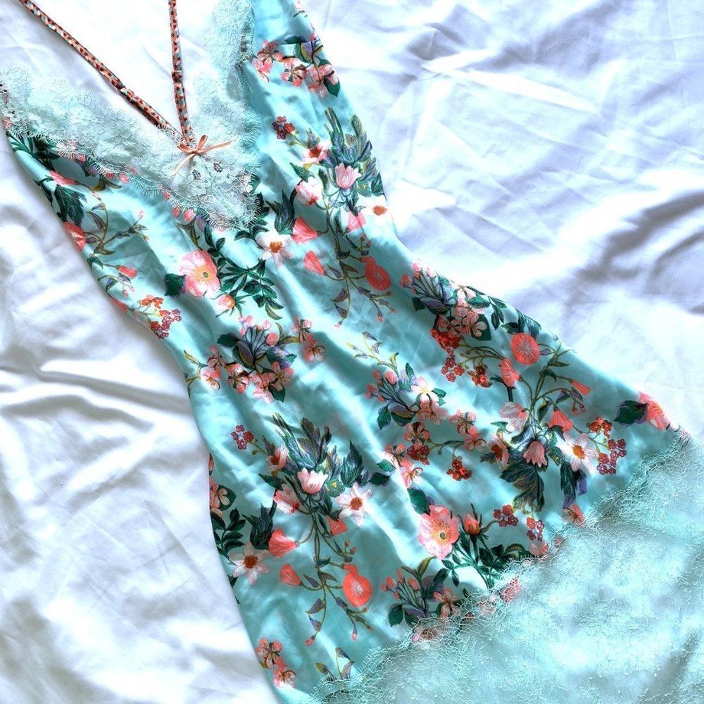 Rare Dream Angels Chantilly Lace Aqua Satin Lace Slip Dress